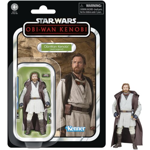 Opakowanie zawiera figurkę postaci z serii Star Wars, przedstawiającą Obi-Wana Kenobiego w stroju Jedi, z akcesoriami takimi jak miecz świetlny. Na opakowaniu widnieje napis "Star Wars Obi-Wan Kenobi" oraz logo "Kenner", a także ostrzeżenie o małych eleme