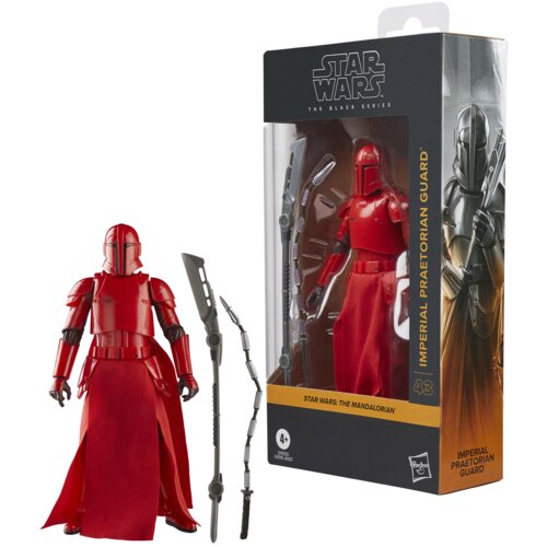 Na zdjęciu znajduje się czerwona figurka z serii Star Wars The Black Series, obok której widoczne są dwa akcesoria. Obok figurki znajduje się pudełko z napisem "IMPERIAL PRAETORIAN GUARD" oraz logo Star Wars i Hasbro.