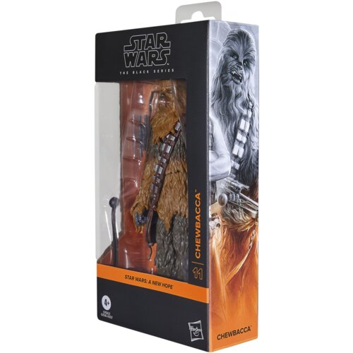 Opakowanie z figurką przedstawia postać Chewbacca z serii Star Wars The Black Series, z widocznym logo Star Wars oraz napisami "CHEWBACCA", "STAR WARS: A NEW HOPE", "11", "4+" i logo Hasbro. W tle znajduje się ilustracja Chewbacci, a przez przezroczystą c