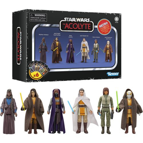 Pudełko z zestawem figurek "Star Wars The Acolyte" zawiera sześć postaci, każda z mieczem świetlnym, a na opakowaniu widnieje logo "Kenner" oraz napis "Retro Collection". Na górze pudełka znajduje się ostrzeżenie: "WARNING: CHOKING HAZARD - Small parts. N