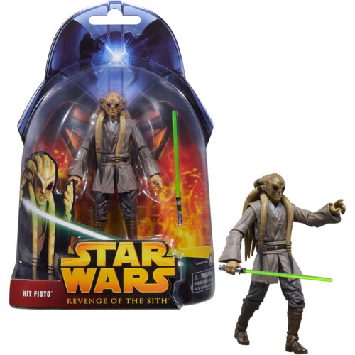 Opakowanie zawiera figurkę postaci z serii Star Wars, z zielonym mieczem świetlnym, na tle ilustracji i logo "Star Wars Revenge of the Sith". Na dole opakowania widnieje napis "Kit Fisto".