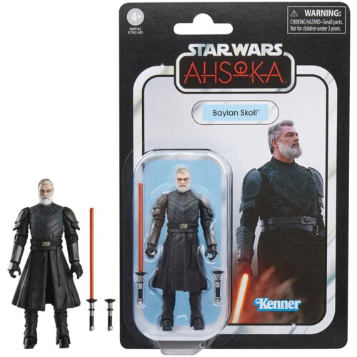Opakowanie zawiera figurkę postaci z serii Star Wars, z napisem "Baylan Skoll" oraz logo "Kenner". Na opakowaniu widnieje ostrzeżenie: "WARNING: CHOKING HAZARD - Small parts. Not for children under 3 years."