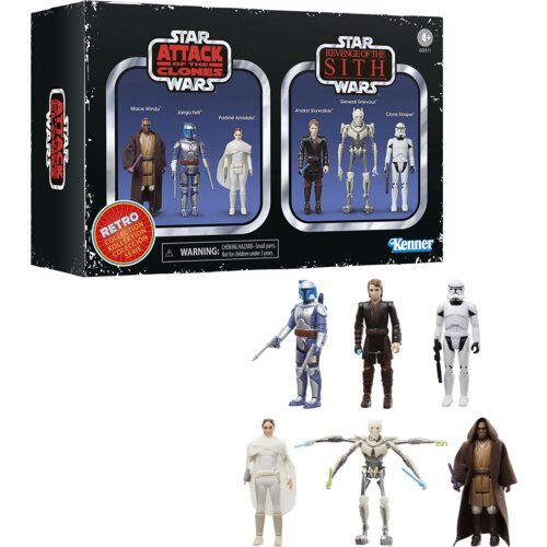 Na zdjęciu znajduje się opakowanie zestawu figurek "HASBRO Star Wars Retro Collection Część II i część III G03715L0" z sześcioma figurkami postaci z serii Star Wars. Na opakowaniu widnieją napisy: "Star Wars Attack of the Clones", "Star Wars Revenge of th