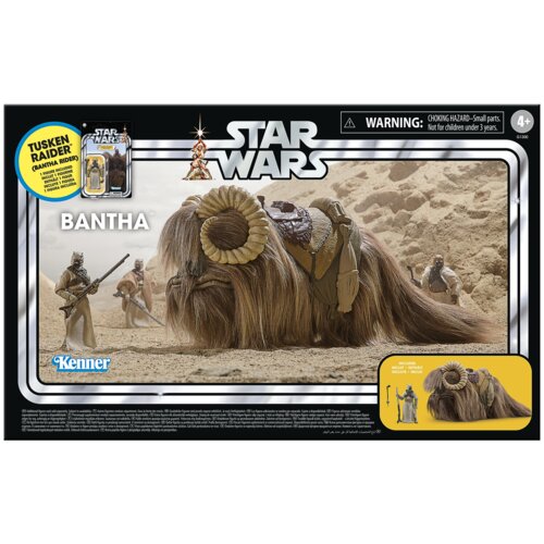 Na zdjęciu znajduje się opakowanie zestawu figurek "HASBRO Star Wars The Vintage Collection Bantha i Tusken Raider G13005L0" z dużym napisem "BANHTA" oraz logo "Kenner". Widoczne są także ostrzeżenia dotyczące małych części i ograniczeń wiekowych, a w rog