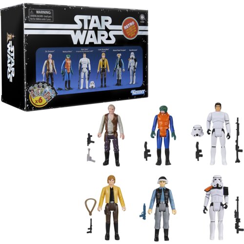 Pudełko z napisem "Star Wars" zawiera sześć figurek z serii Retro Collection oraz akcesoria, takie jak hełmy i broń. Na opakowaniu widnieje logo "Kenner" oraz ostrzeżenie: "WARNING: CHOKING HAZARD - Small parts. Not for children under 3 years."