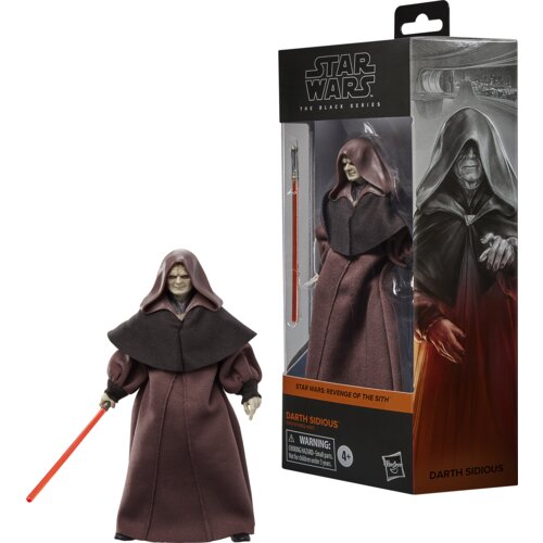 Na zdjęciu znajduje się figurka postaci w ciemnym płaszczu z czerwonym mieczem świetlnym oraz opakowanie z napisem "Star Wars The Black Series" i "Darth Sidious". Na opakowaniu widnieje również ostrzeżenie: "WARNING: CHOKING HAZARD-Small parts. Not for ch