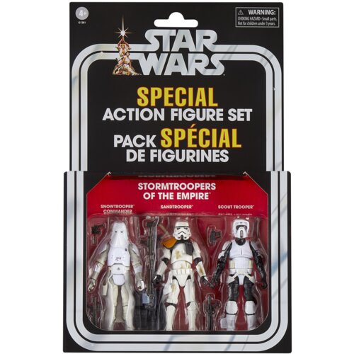 Zestaw figurek Star Wars The Vintage Collection w opakowaniu z napisem "SPECIAL ACTION FIGURE SET" oraz "PACK SPÉCIAL DE FIGURINES". W dolnej części opakowania widoczne są trzy figurki z podpisami: "SNOWTROOPER COMMANDER", "SANDTROOPER", "SCOUT TROOPER".