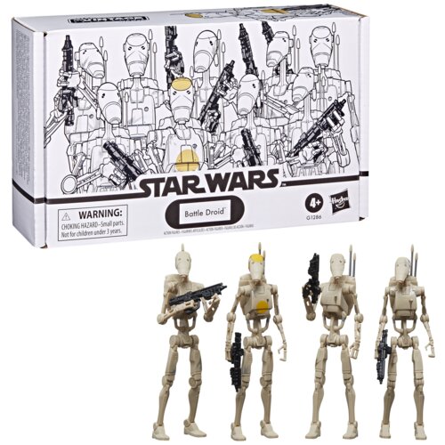 Opakowanie zestawu figurek "Star Wars Battle Droid" z grafiką przedstawiającą kilka droidów bojowych trzymających broń, poniżej widoczny jest napis "Star Wars" oraz ostrzeżenie: "WARNING: CHOKING HAZARD - Small parts. Not for children under 3 years." Prze