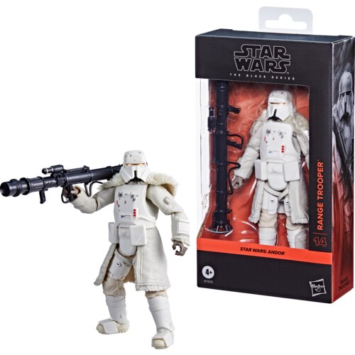 Figurka przedstawia postać w białym pancerzu z futrzanymi elementami, trzymającą czarną broń, obok znajduje się pudełko z napisem "Star Wars The Black Series Range Trooper" oraz logo Hasbro. Na pudełku widnieje także napis "Star Wars: Andor" oraz oznaczen