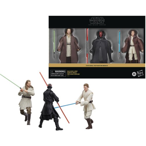 Zestaw figurek przedstawia trzy postacie z serii Star Wars, każda z mieczem świetlnym w różnych kolorach, umieszczone w opakowaniu z napisem "Star Wars: The Phantom Menace". Na opakowaniu widnieje ostrzeżenie: "WARNING: CHOKING HAZARD - Small parts. Not f