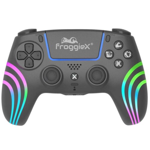 Czarny kontroler z kolorowymi, neonowymi wzorami na uchwytach, posiada przyciski funkcyjne oraz dwa analogowe drążki. Na górnej części widoczne jest logo "FroggieX".