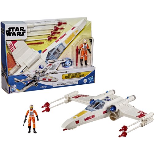 Opakowanie zawiera model statku kosmicznego z serii Star Wars oraz figurkę postaci w pomarańczowym kombinezonie. Na opakowaniu widnieje napis: "Luke Skywalker's Force Strike X-Wing", a także logo Star Wars, Disney i Hasbro.