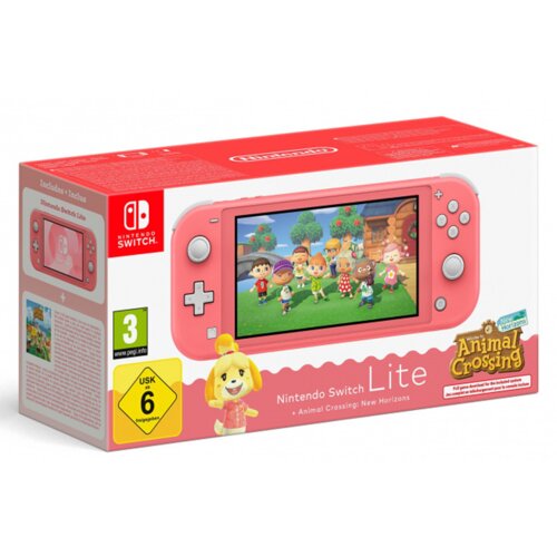 Pudełko konsoli Nintendo Switch Lite w kolorze koralowym z grafiką z gry "Animal Crossing: New Horizons" na ekranie. Na opakowaniu widoczne są oznaczenia wiekowe PEGI 3 i USK 6 oraz logo Nintendo.