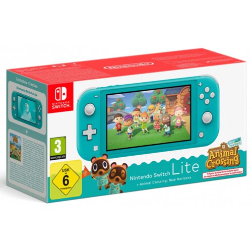 Opakowanie konsoli Nintendo Switch Lite w kolorze turkusowym z grafiką z gry "Animal Crossing: New Horizons" na ekranie, zawiera oznaczenia wiekowe PEGI 3 i USK 6 oraz logo Nintendo Switch. Na pudełku widnieje napis "Nintendo Switch Lite + Animal Crossing
