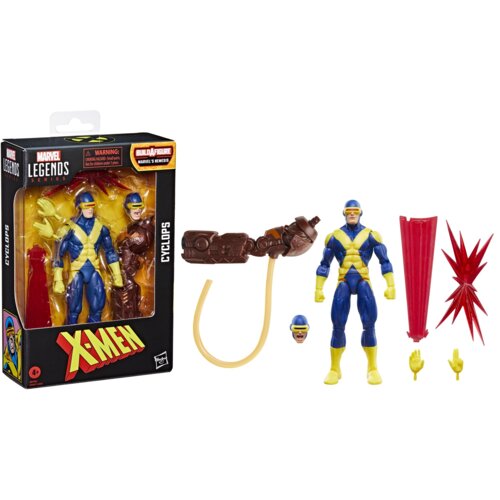 Opakowanie zawiera figurkę postaci w niebiesko-żółtym stroju z wymiennymi akcesoriami, takimi jak dodatkowe ręce i efekty wizualne. Na pudełku widnieje napis "Marvel Legends Series", "Cyclops", "X-Men" oraz ostrzeżenie o małych elementach.
