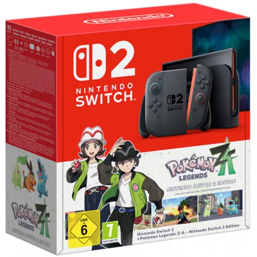 Czerwone pudełko z napisem "NINTENDO SWITCH 2" oraz grafiką konsoli i kontrolerów, poniżej widoczne postacie z gry "Pokemon Legends: Z-A". Na dole pudełka znajduje się logo "Pokemon Legends" oraz oznaczenie wiekowe "USK 6" i "7".