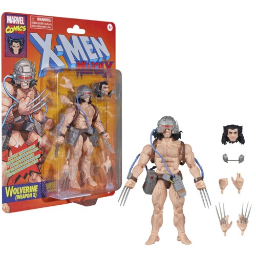 Opakowanie figurki przedstawia postać Wolverine z serii X-Men, z widocznymi napisami "Marvel Comics" oraz "X-Men Weapon X". Obok opakowania znajduje się figurka Wolverine z wymiennymi częściami, takimi jak głowa, dłonie i akcesoria.