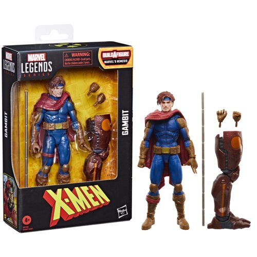 Pudełko z figurką przedstawia postać Gambita z serii Marvel Legends X-Men, zawierającą dodatkowe akcesoria i części. Na opakowaniu widnieją napisy: "MARVEL LEGENDS SERIES", "WARNING: CHOKING HAZARD - small parts. Not for children under 3 years", "BUILD A 