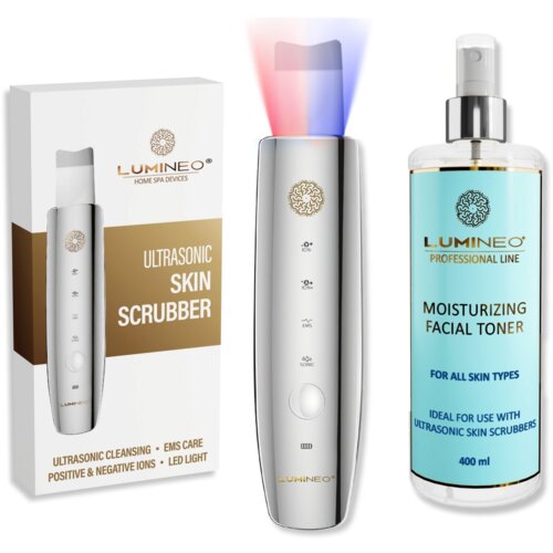 Na zdjęciu znajduje się urządzenie do peelingu kawitacyjnego LUMINEO M22 5w1 oraz tonik nawilżający 400 ml. Opakowanie urządzenia zawiera napisy: "ULTRASONIC SKIN SCRUBBER", "ULTRASONIC CLEANSING", "EMS CARE", "POSITIVE & NEGATIVE IONS", "LED LIGHT", a na