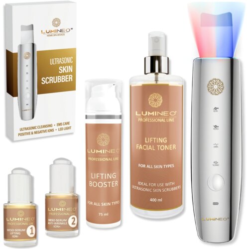 Na zdjęciu znajduje się zestaw kosmetyków i urządzenie do peelingu kawitacyjnego marki LUMINEO, w skład którego wchodzą: Lifting Facial Toner, Lifting Booster, dwa Meso-Serum oraz urządzenie z kolorowym światłem LED. Opakowanie urządzenia zawiera napisy: 