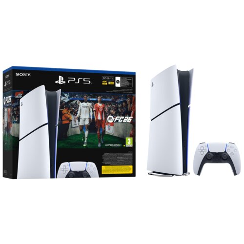 Pudełko konsoli PlayStation 5 Digital Edition z grafiką przedstawiającą dwóch piłkarzy na boisku oraz logo "EA FC26" i "HYPERMOTION". Obok znajduje się konsola w kolorze białym oraz biały kontroler z czarnymi elementami.