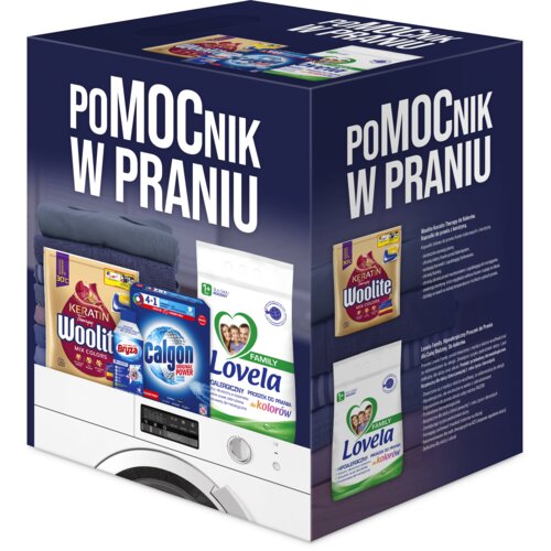 Zestaw produktów do prania WOOLITE Pomocnik w praniu (Kapsułki+ Proszek do prania+ Odkamieniacz+ Płyn do czyszczenia pralki)