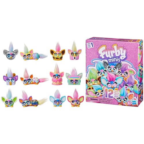 Na zdjęciu znajduje się zestaw figurek "HASBRO Furby Minis G19515L0", składający się z 12 kolorowych figurek o różnych wzorach i fryzurach, obok pudełka z napisem "Furby minis" oraz informacją o zawartości 12 figurek. Na pudełku widnieje ostrzeżenie: "WAR