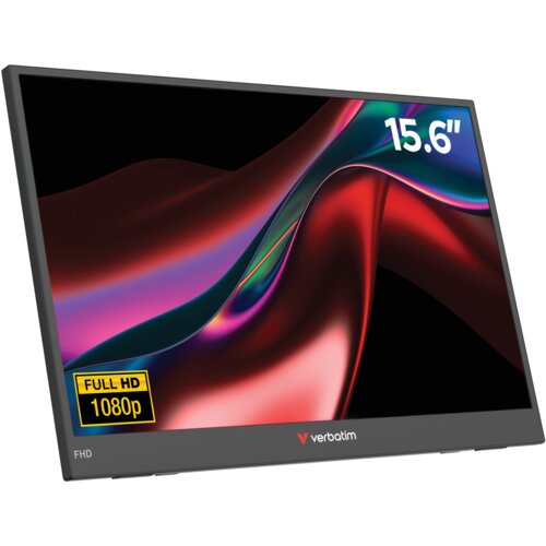 Monitor z wyświetlaczem o przekątnej 15,6 cala, rozdzielczości 1920x1080 pikseli, z kolorową grafiką na ekranie. Na obudowie widoczne są napisy: "FULL HD 1080p", "15.6”" oraz logo "verbatim".