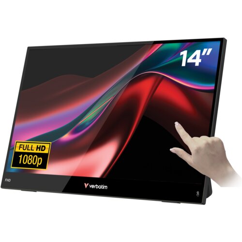 Monitor Verbatim o przekątnej 14 cali z wyświetlaczem Full HD 1080p, na ekranie widoczna jest abstrakcyjna grafika w odcieniach czerwieni i fioletu. W dolnej części ekranu znajduje się logo "verbatim".