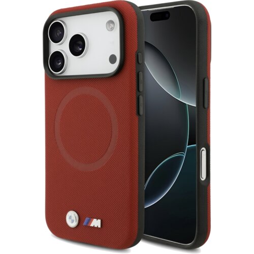 Czerwone etui na telefon z widocznym okręgiem na środku, posiada logo BMW M na dole oraz otwory na aparat. Obok etui znajduje się telefon z wyświetlaczem pokazującym abstrakcyjny wzór.