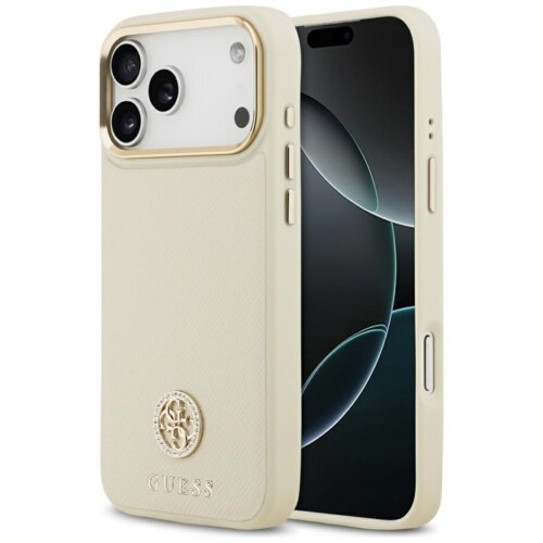 Beżowe etui na telefon z trzema wycięciami na aparaty, ozdobione złotym logo i napisem "GUESS" na dole. Etui ma teksturowaną powierzchnię i jest przeznaczone do modelu iPhone 17 Pro Max.