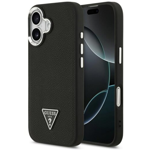 Czarne etui na telefon z teksturą, posiadające wycięcia na przyciski i aparat, z widocznym trójkątnym logo "GUESS U.S.A." na dole. Obok etui znajduje się telefon z wyświetlaczem pokazującym abstrakcyjny wzór.