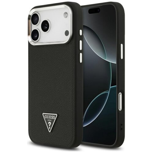 Czarne etui na telefon z teksturą, ozdobione trójkątnym logo z napisem "GUESS USA" i znakiem zapytania. Etui jest przystosowane do systemu MagSafe i przeznaczone dla modelu Apple iPhone 17 Pro Max.