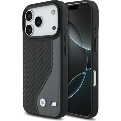 Etui na telefon z widocznym wzorem z włókna węglowego oraz logo BMW M na dole. Obok etui znajduje się telefon z ciemnym ekranem.