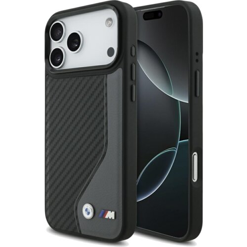 Na zdjęciu widoczne jest etui na telefon z karbonowym wzorem i logo BMW M, przeznaczone do modelu Apple iPhone 17 Pro Max. Etui ma antracytowy kolor i jest wyposażone w funkcję MagSafe.