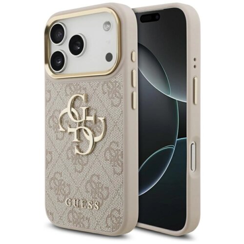 Różowo-złote etui na telefon z widocznym logo "GUESS" oraz ozdobnym wzorem 4G, zaprojektowane dla modelu Apple iPhone. Etui ma wycięcia na aparat i przyciski, a jego powierzchnia jest teksturowana z metalicznymi akcentami.