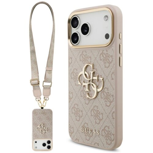 Etui na telefon w kolorze różowym z wzorem 4G i dużym logo GUESS, posiada metalowe przyciski oraz pasek z podobnym wzorem. Na etui widoczne jest złote logo GUESS oraz duże, ozdobne litery 4G.