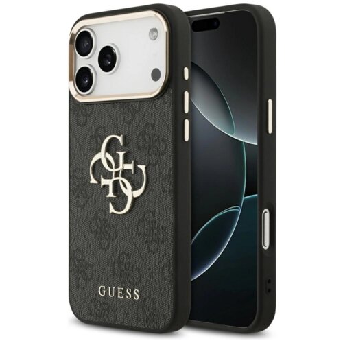 Czarno-złote etui na telefon z widocznym logo "GUESS" oraz dużym wzorem "4G" na tylnej części. Etui jest dopasowane do modelu Apple iPhone 17 Pro Max, z wycięciami na aparat i przyciski.