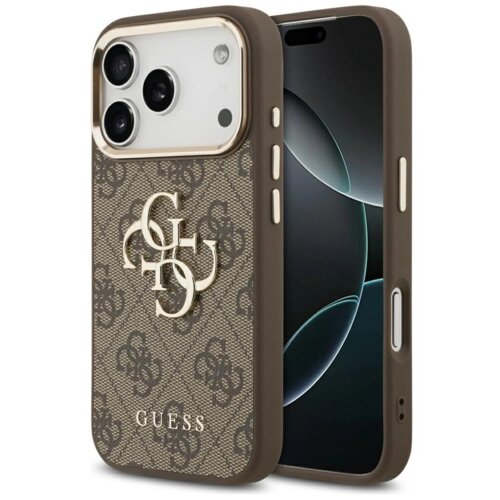 Brązowo-złote etui na telefon z widocznym wzorem 4G i dużym logo "GUESS" na dole. Etui jest dopasowane do modelu Apple iPhone 17 Pro, z wycięciami na aparat i przyciski.