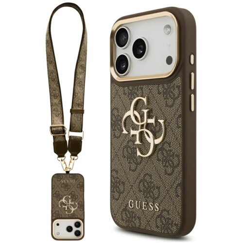 Brązowe etui do telefonu z wzorem 4G i dużym logo, z metalowymi przyciskami oraz paskiem, na którym widnieje napis "GUESS". Etui jest przeznaczone do modelu Apple iPhone 17 Pro.