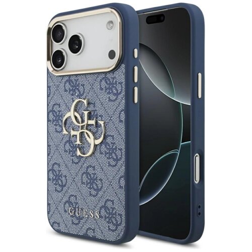 Niebiesko-złote etui na telefon z wzorem 4G i dużym logo GUESS, przeznaczone dla modelu Apple iPhone 17 Pro Max. Na etui widoczny jest wzór z literami "G" oraz napis "GUESS" w dolnej części.
