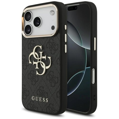 Czarno-złote etui na telefon z widocznym logo "GUESS" oraz ozdobnym wzorem z literami "G" i "U" na tylnej części. Etui jest dopasowane do modelu telefonu z trzema obiektywami aparatu.
