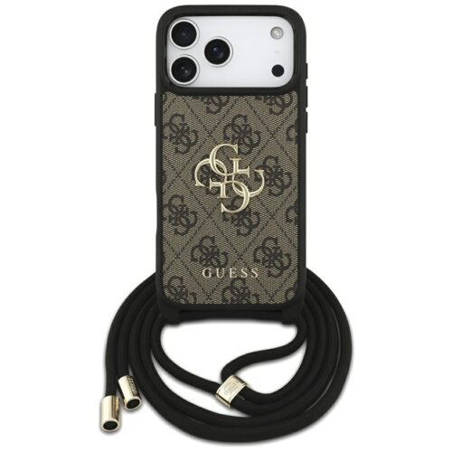 Brązowe etui na telefon z wzorem 4G i dużym logo GUESS, wyposażone w czarny sznurek z metalowymi końcówkami. Produkt przeznaczony do Apple iPhone 17 Pro Max.