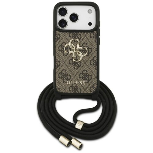 Brązowe etui na telefon z wzorem 4G i dużym logo GUESS, wyposażone w czarny sznurek z metalowymi końcówkami. Etui jest przeznaczone do modelu Apple iPhone 17 Pro.