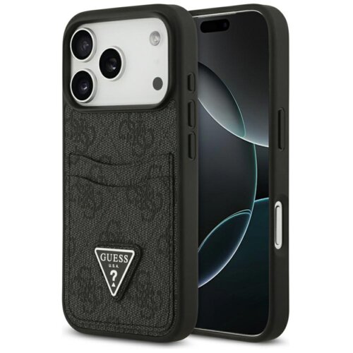 Czarne etui na telefon z dwoma kieszonkami na karty, ozdobione wzorem i trójkątnym logo z napisem "GUESS U.S.A.". Obok etui widoczny jest telefon z wyświetlaczem w ciemnych kolorach.