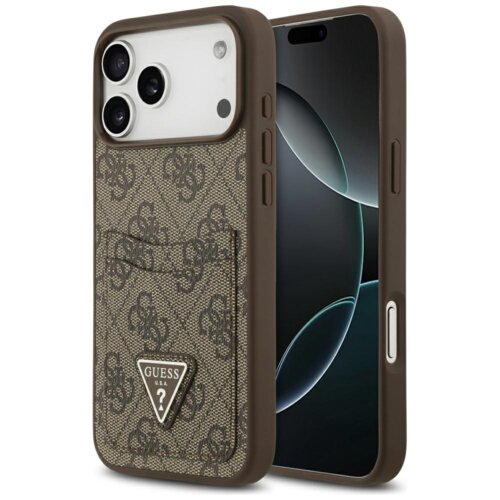 Brązowe etui na telefon z wzorem 4G i kieszonką na karty, ozdobione trójkątnym logo z napisem "GUESS U.S.A." oraz znakiem zapytania. Etui jest założone na telefon z trzema widocznymi obiektywami aparatu.