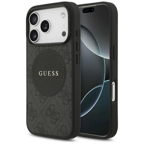 Czarne etui na telefon z widocznym logo "GUESS" na teksturowanej powierzchni, obok smartfona z wyświetlaczem pokazującym abstrakcyjny wzór. Etui posiada wycięcia na aparat i przyciski boczne.
