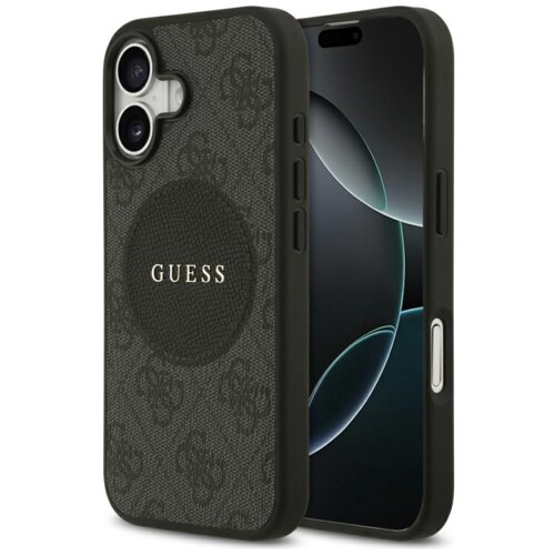 Czarne etui na telefon z widocznym logo "GUESS" na okrągłym elemencie, ozdobione wzorem 4G. Etui jest przystosowane do systemu MagSafe i przeznaczone dla modelu Apple iPhone 17.