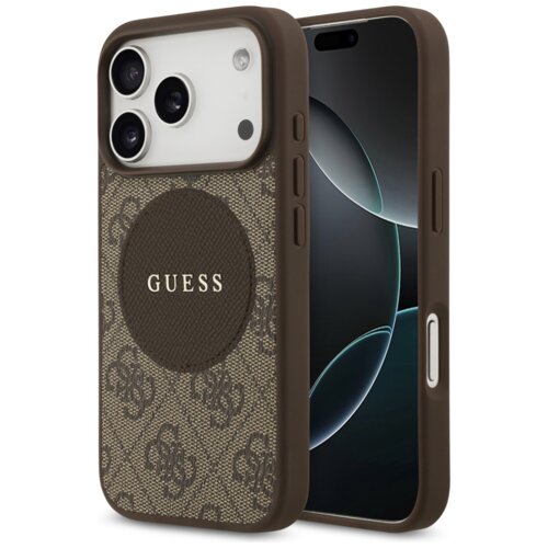 Brązowe etui na telefon z widocznym wzorem i okrągłym logo "GUESS" na środku, zaprojektowane dla modelu iPhone. Etui posiada wycięcia na aparat i przyciski, a jego powierzchnia jest ozdobiona motywem 4G.