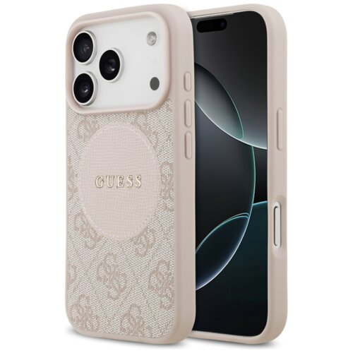Etui na telefon w kolorze różowym z widocznym logo "GUESS" na okrągłym tle, ozdobione wzorem 4G. Etui jest dopasowane do modelu telefonu z trzema aparatami i wyświetlaczem z zaokrąglonymi rogami.